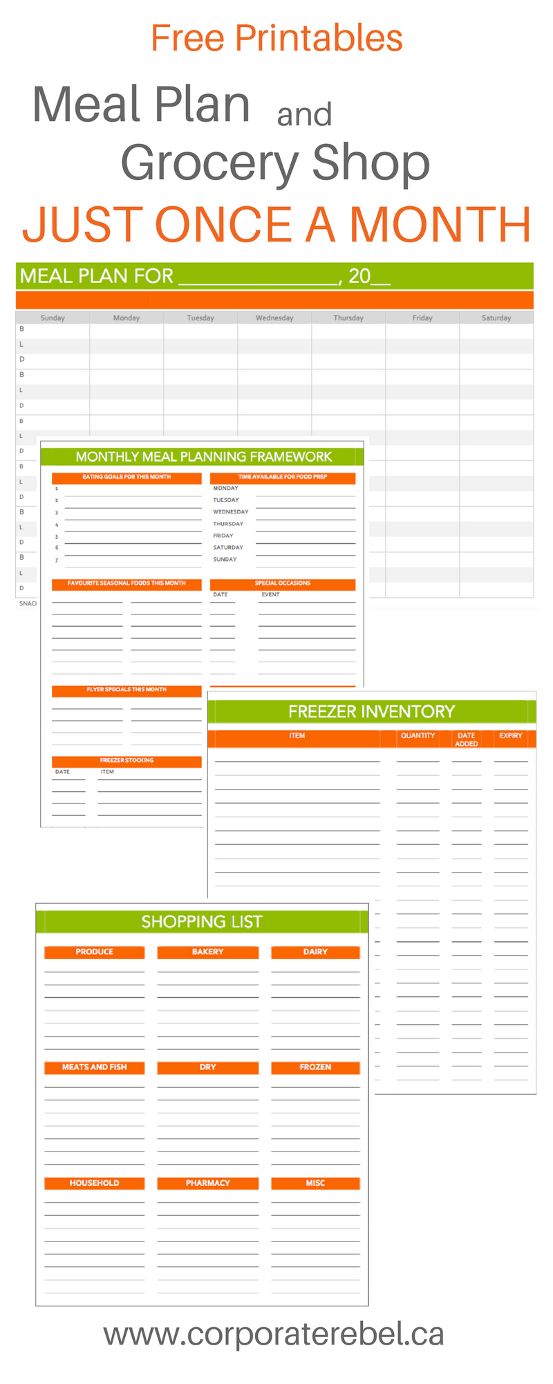 Printable to help create a monthly meal plan and shopping list
